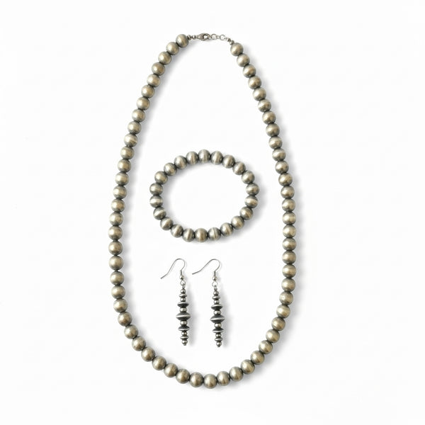 3-Piece Sterling Silver Navajo Pearl Set | 6mm Necklace, 10-14mm Bracelet & 1.5" Dangle Earrings | Authentic Native American Handmade