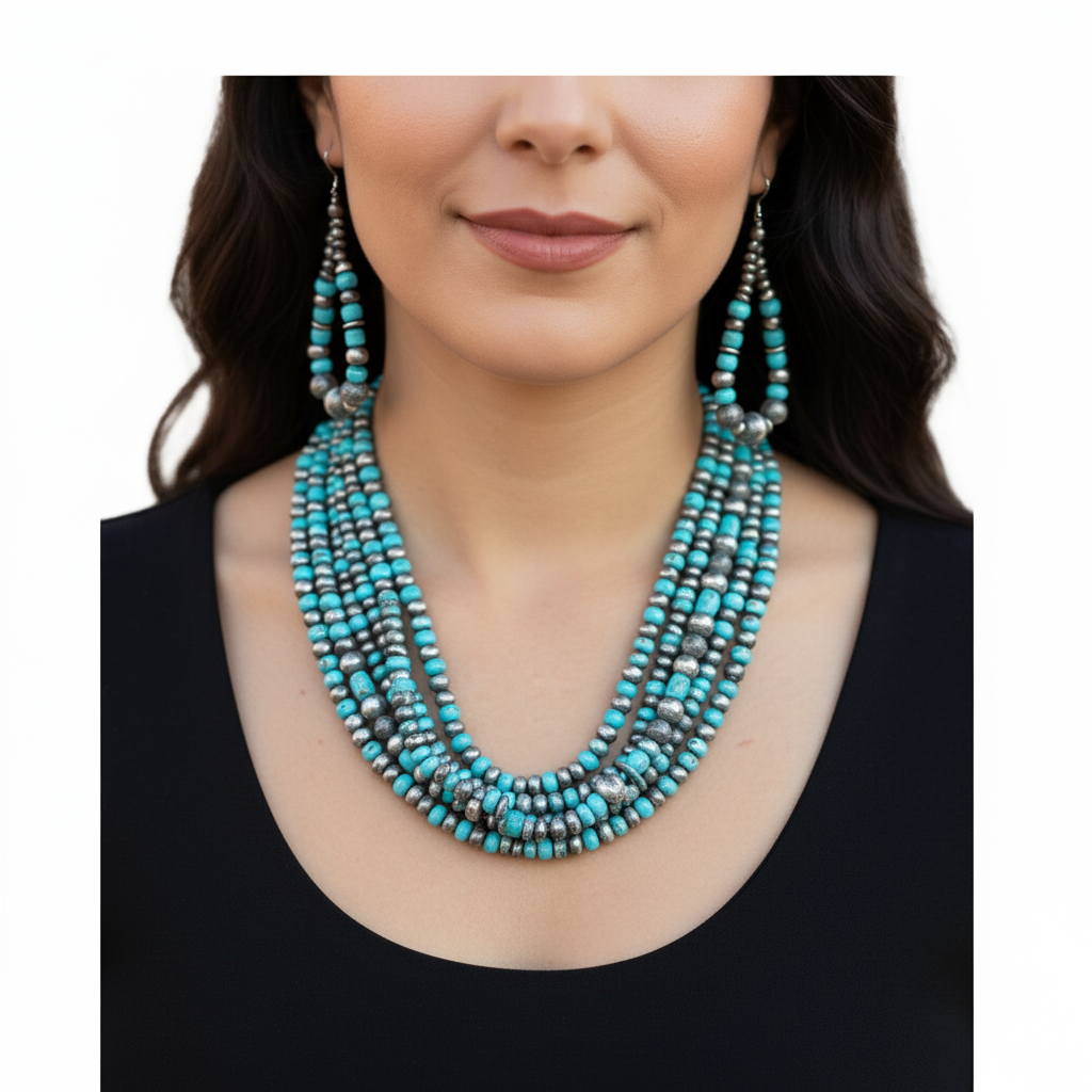 Navajo Sterling Silver 5 Strand 8mm Turquoise Heishi Necklace & Earrings Set | 20" | 17184