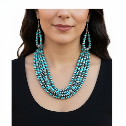Navajo Sterling Silver 5 Strand 8mm Turquoise Heishi Necklace & Earrings Set | 20" | 17184