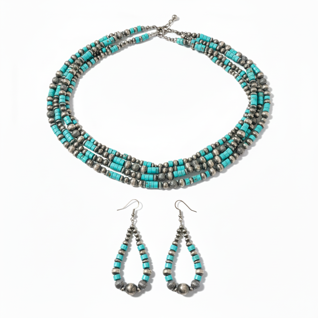 Navajo Sterling Silver 5 Strand 8mm Turquoise Heishi Necklace & Earrings Set | 20" | 17184