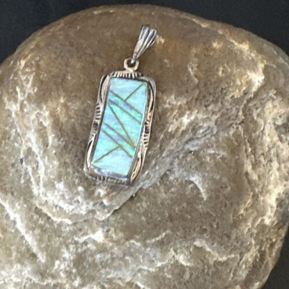 Navajo Blue Fire Opal Inlay Pendant | Sterling Silver | Authentic Native American Handmade | 16484
