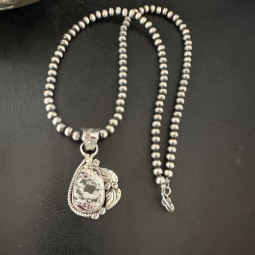 White Buffalo Turquoise Pendant | Navajo Pearls Sterling Silver Necklace 21" | Handmade Jewelry 17329