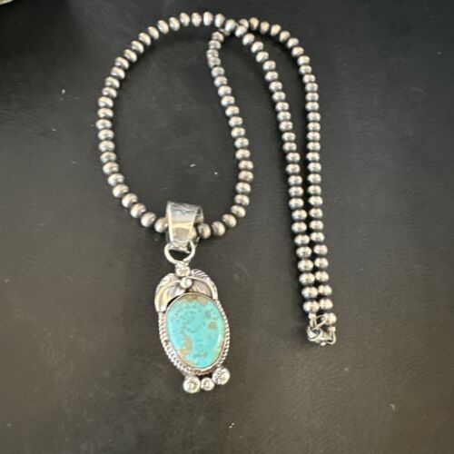 Navajo Blue Turquoise #8 Pendant | Sterling Silver Necklace with Pearls | Authentic Native American Handmade | 15444