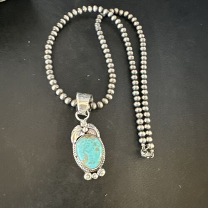 Navajo Blue Turquoise #8 Pendant | Sterling Silver Necklace with Pearls | Authentic Native American Handmade | 15444