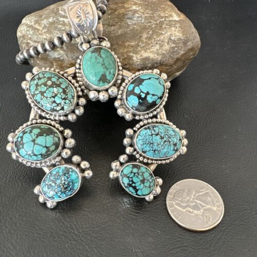 Navajo Men's Blue Turquoise Naja Pendant Necklace | Sterling Silver Pearls | Authentic Native American | 16404