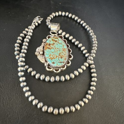 Navajo Blue #8 Turquoise Pendant Necklace | Sterling Silver Pearls | Authentic Native American Handmade | 15508
