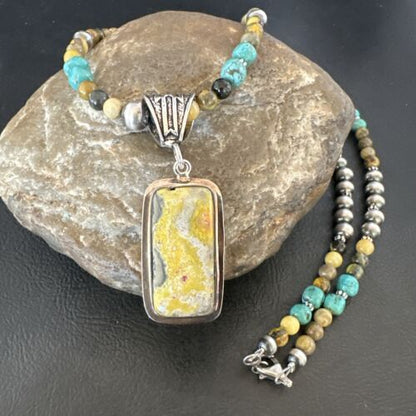 Men's BumbleBee Jasper Pendant Necklace | Navajo Pearls | Sterling Silver | Authentic Native American | 16881