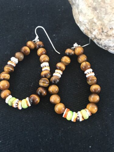 Navajo Sterling Silver Dangle Earrings | Tigers Eye, Spiny Oyster, Turquoise | Authentic Native American Handmade | 3770 - Masha USA