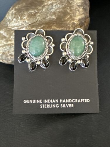 Navajo Black Onyx Green Jade Earrings | Sterling Silver | 1" | Authentic Native American Handmade | 15333
