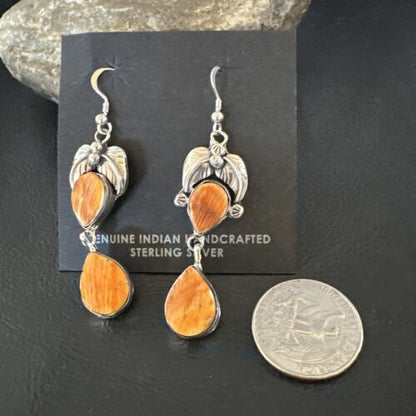 Navajo Orange Spiny Oyster Dangle Earrings | Sterling Silver | 1.5" | Authentic Native American Handmade | 16571