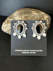 Navajo Black Onyx and White Mother of Pearl Earrings | Sterling Silver | 1" | Authentic Native American Handmade | 15332