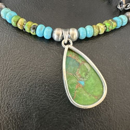 Navajo Blue Green Mojave Turquoise Pendant | Sterling Silver Pearl Necklace | Authentic Native American Handmade | 16923