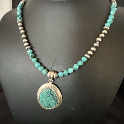 Men's Blue Spiderweb Turquoise Pendant Necklace | Navajo Sterling Silver | Authentic Native American Handmade | 17085