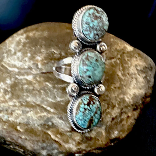Navajo Blue Spiderweb Turquoise Multi-Stone Ring | Authentic Native American Sterling Silver | Sz 10 | 16710