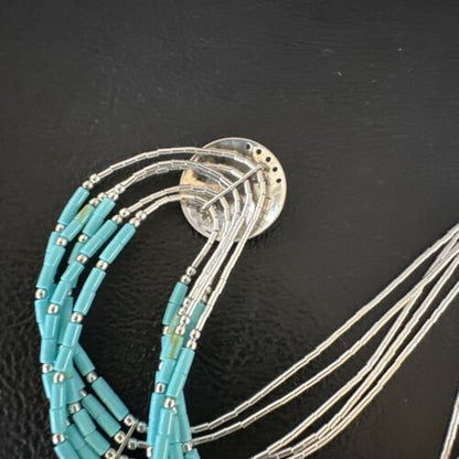 Navajo Blue Turquoise Heishi Concha Necklace | 5 Strand Liquid Sterling Silver | 20" | 15876