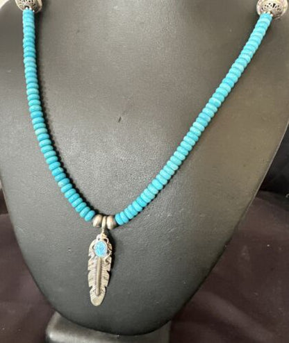 Men's Blue Turquoise Navajo Necklace | Sterling Silver Feather Opal Pendant | Native American Handmade | 17438