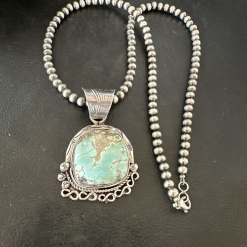 Women's Royston Turquoise Pendant Necklace | Navajo Pearls | Sterling Silver | Authentic Native American Handmade | 17065