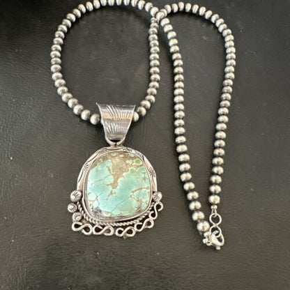 Women's Royston Turquoise Pendant Necklace | Navajo Pearls | Sterling Silver | Authentic Native American Handmade | 17065