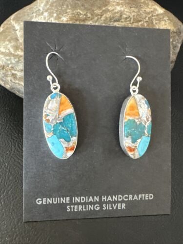 Navajo Blue Turquoise & Orange Spiny Oyster Inlay Dangle Earrings | Sterling Silver | 15586