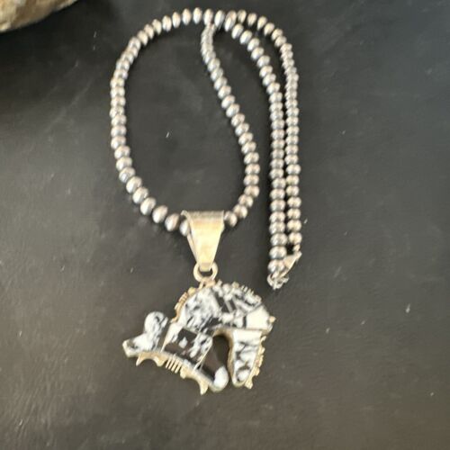 Navajo White Buffalo Turquoise Bear Inlay Pendant Necklace | Sterling Silver | Native American Handmade | 15247