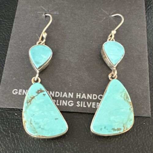 Navajo Blue Kingman Turquoise Dangle Earrings | Sterling Silver | Authentic Native American Handmade | 15102