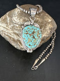Navajo Pearls Sterling Silver Necklace with Blue Turquoise #8 Pendant | Authentic Native American Handmade | 14855