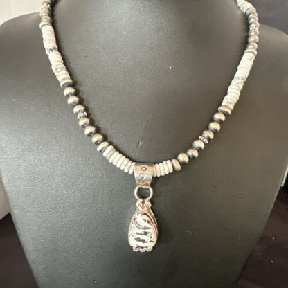 Navajo White Buffalo Turquoise Pendant Necklace | Sterling Silver | Authentic Native American Handmade | 17349