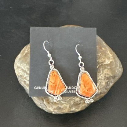 Navajo Orange Spiny Oyster Dangle Earrings | Sterling Silver | Authentic Native American Handmade | 17273