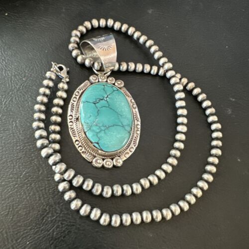 Men's Blue Spiderweb Turquoise Pendant Necklace | Navajo Sterling Silver | Authentic Native American Handmade | 17124