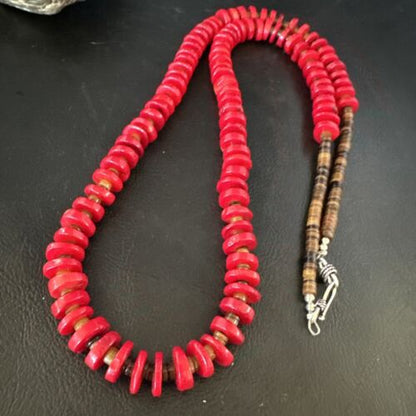 Navajo Red Coral Shell Bead Necklace | Sterling Silver | 30" | Authentic Native American Handmade | 15284