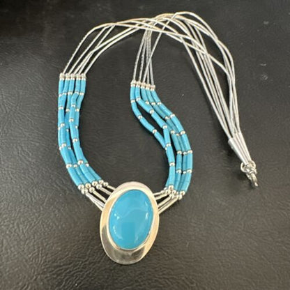 Navajo Green Turquoise Pendant Heishi Necklace| 5-Strand Sterling Silver | 18" | Authentic Native American Handmade | 17177