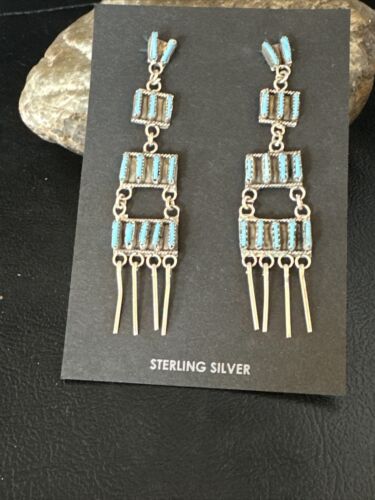 Zuni Kingman Turquoise Needle Point Dangle Earrings | Sterling Silver | 4 Tier | 14872