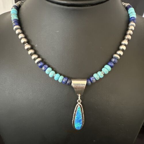 Navajo Blue Opal Turquoise Pendant Necklace | Sterling Silver | Authentic Native American Handmade | 16764