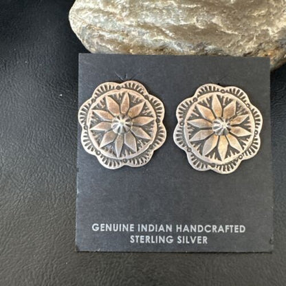Navajo Sterling Silver Stamped Round Earrings | Authentic Native American Handmade | 15937