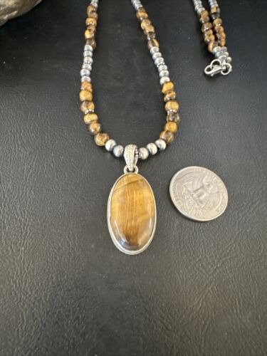 Navajo Coffee Tiger's Eye Pendant Necklace | Sterling Silver | 26" | Authentic Native American Handmade | 14886