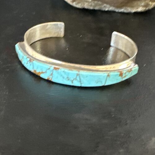 Navajo Men's Blue Turquoise Inlay Bracelet | Sterling Silver | Authentic Native American Handmade | 15062