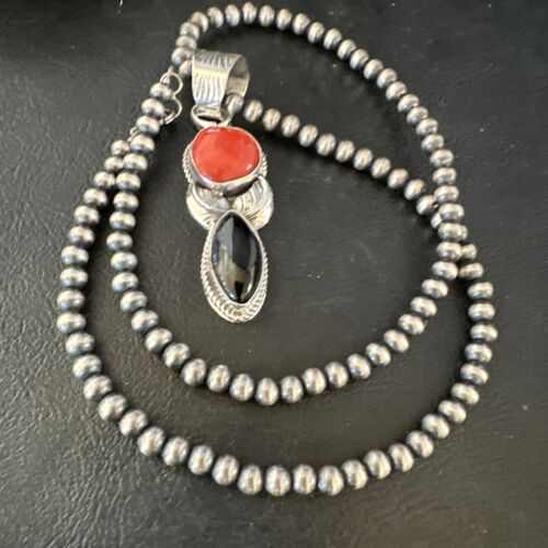 Navajo White Buffalo Coral Onyx Pearls Cluster Pendant | Sterling Silver | Native American Handmade | 15448