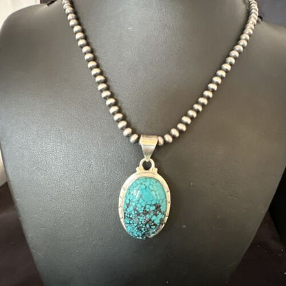 Men's Navajo Blue Spiderweb Turquoise Pendant Necklace | Sterling Silver | Authentic Native American Handmade | 16220