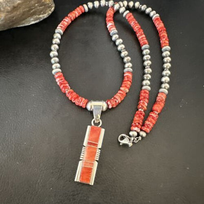Navajo Red Spiny Oyster Pendant Necklace | Sterling Silver Inlay | Authentic Native American Handmade | 16884