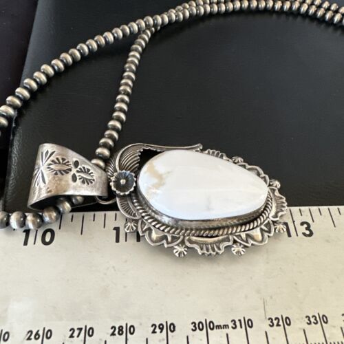 Navajo White Buffalo Turquoise Pendant Necklace | Sterling Silver | Authentic Native American Handmade | 15618
