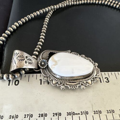 Navajo White Buffalo Turquoise Pendant Necklace | Sterling Silver | Authentic Native American Handmade | 15618