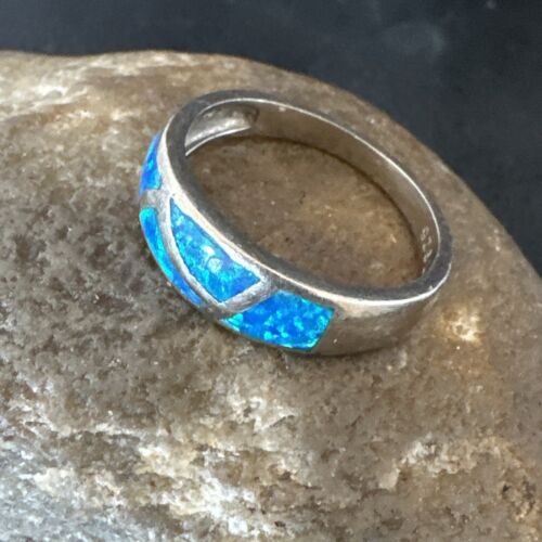 Navajo Blue Opal Inlay Ring | Sterling Silver | Sz 8 | Authentic Native American Handmade | 17155