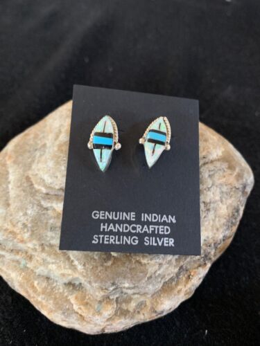 Navajo Turquoise White Opal Onyx Inlay Earrings | Sterling Silver | Authentic Native American Handmade | 13050