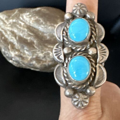 Navajo Blue Kingman Turquoise Cluster Ring | Authentic Native American Sterling Silver | Multi-Stone | Sz 8.5 | 15892