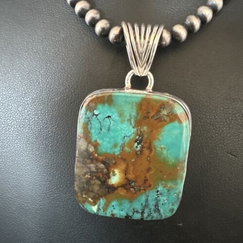 Navajo Blue Spiderweb Turquoise Pendant | Sterling Silver Necklace with Pearls | Authentic Native American Handmade | 15569