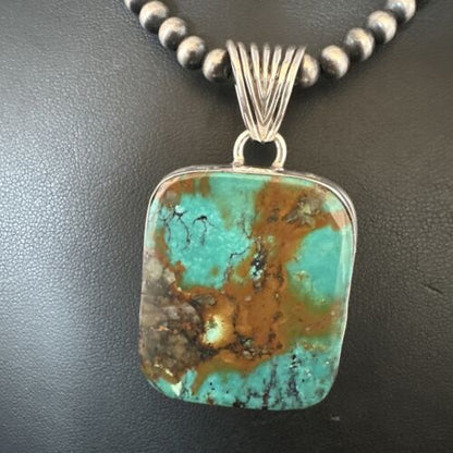 Navajo Blue Spiderweb Turquoise Pendant | Sterling Silver Necklace with Pearls | Authentic Native American Handmade | 15569