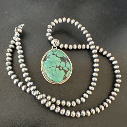 Men's Navajo Blue Spiderweb Turquoise Pendant Necklace | Sterling Silver | Native American Handmade | 16272