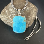 Navajo Blue Kingman Turquoise Pendant Necklace | Sterling Silver Pearls | 20" | 16699