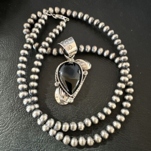 Navajo Pearls Black Onyx Necklace Pendant | Sterling Silver | Authentic Native American Handmade | 16527