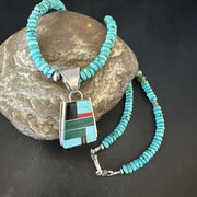 Navajo Turquoise Lapis Inlay Pendant Necklace | Sterling Silver | 20" | Authentic Native American Handmade | 17508